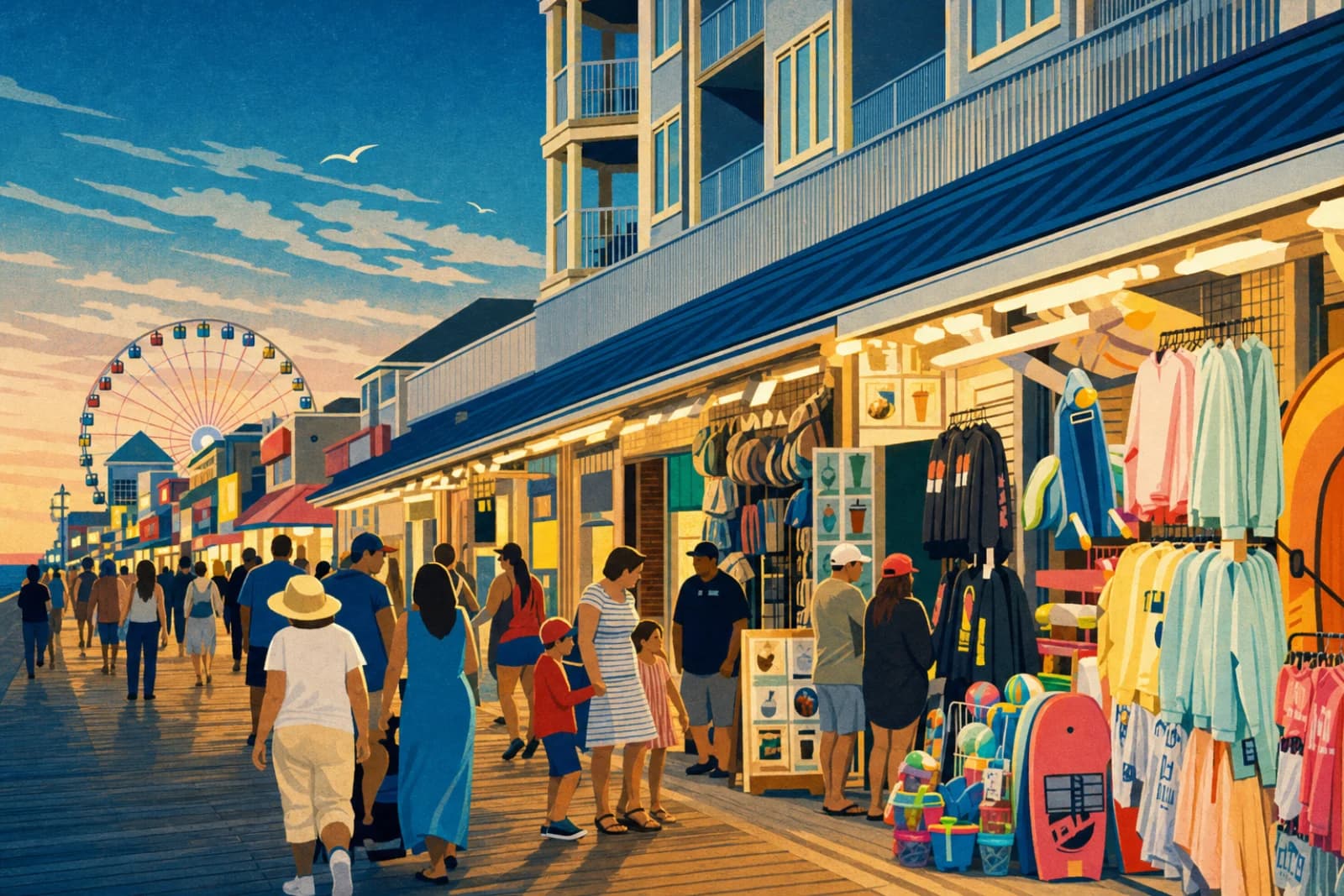 Illustrated Ocean City Boardwalk memory postcard with Ferris wheel and evening storefronts